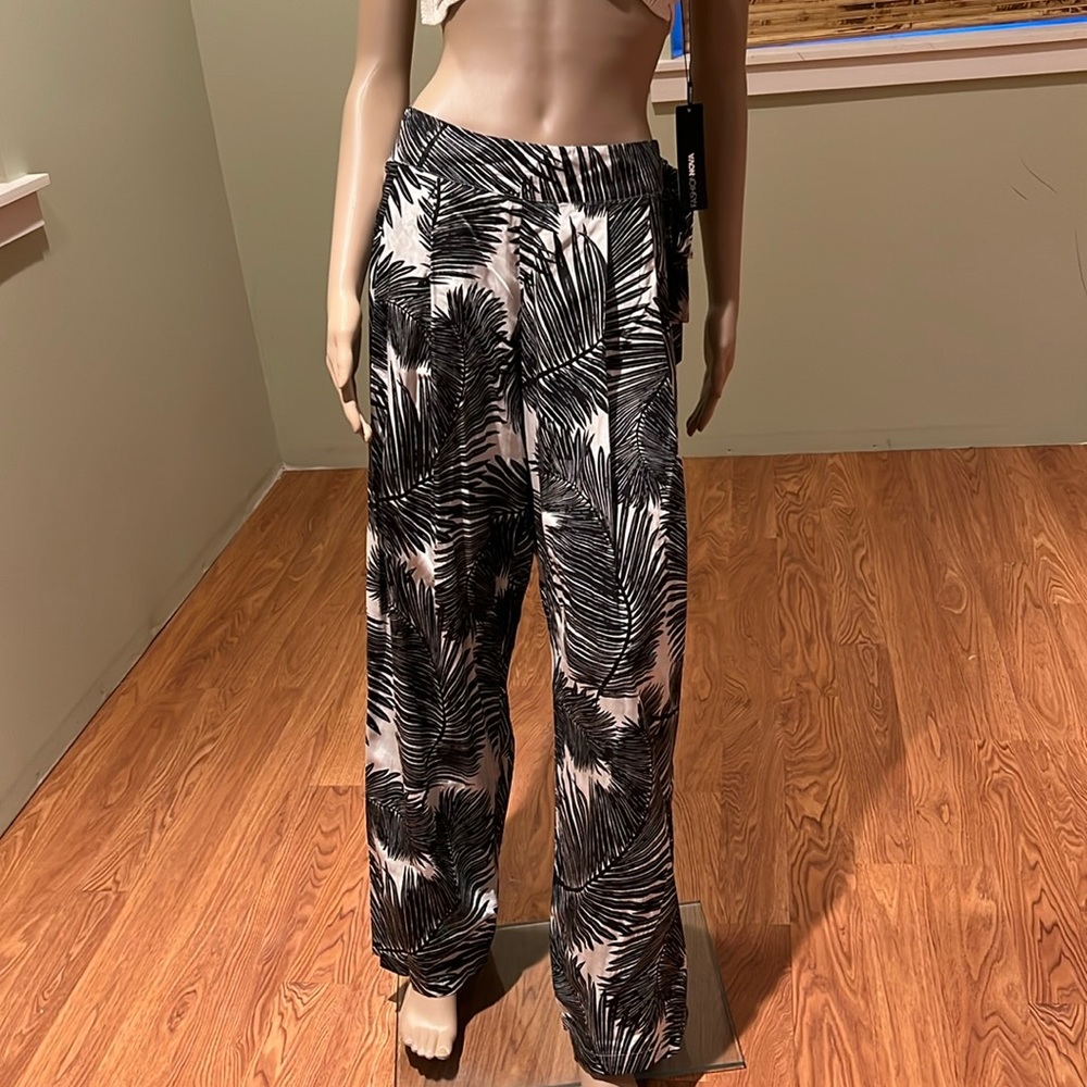 Vince Camuto Swim Black And White Fern Print Rayon Beach Pant With Side Tie L